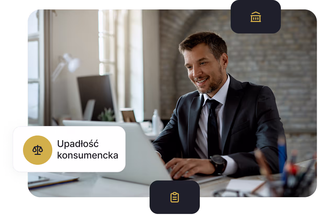 Proces ogłoszenia upadłości konsumenckiej – doradca prawny omawia etapy postępowania przy laptopie w kancelarii